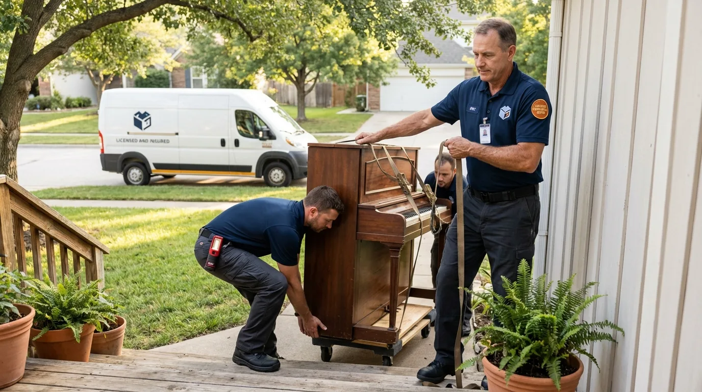 Licensed piano movers securing grand piano in Conyers, GA