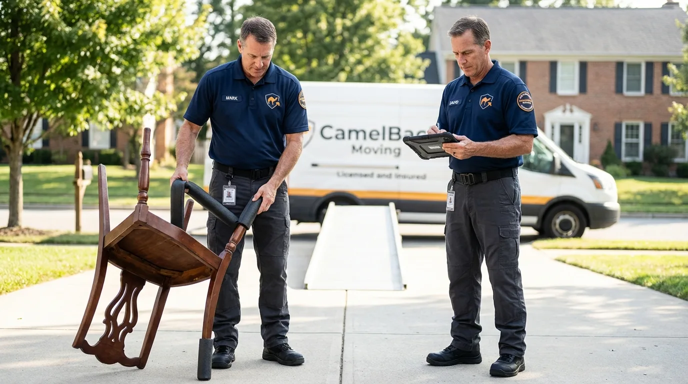 Movers inspecting furniture for damage prevention before loading in Conyers, GA