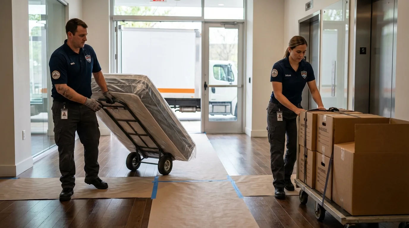 Professional apartment movers loading elevator in Conyers, GA